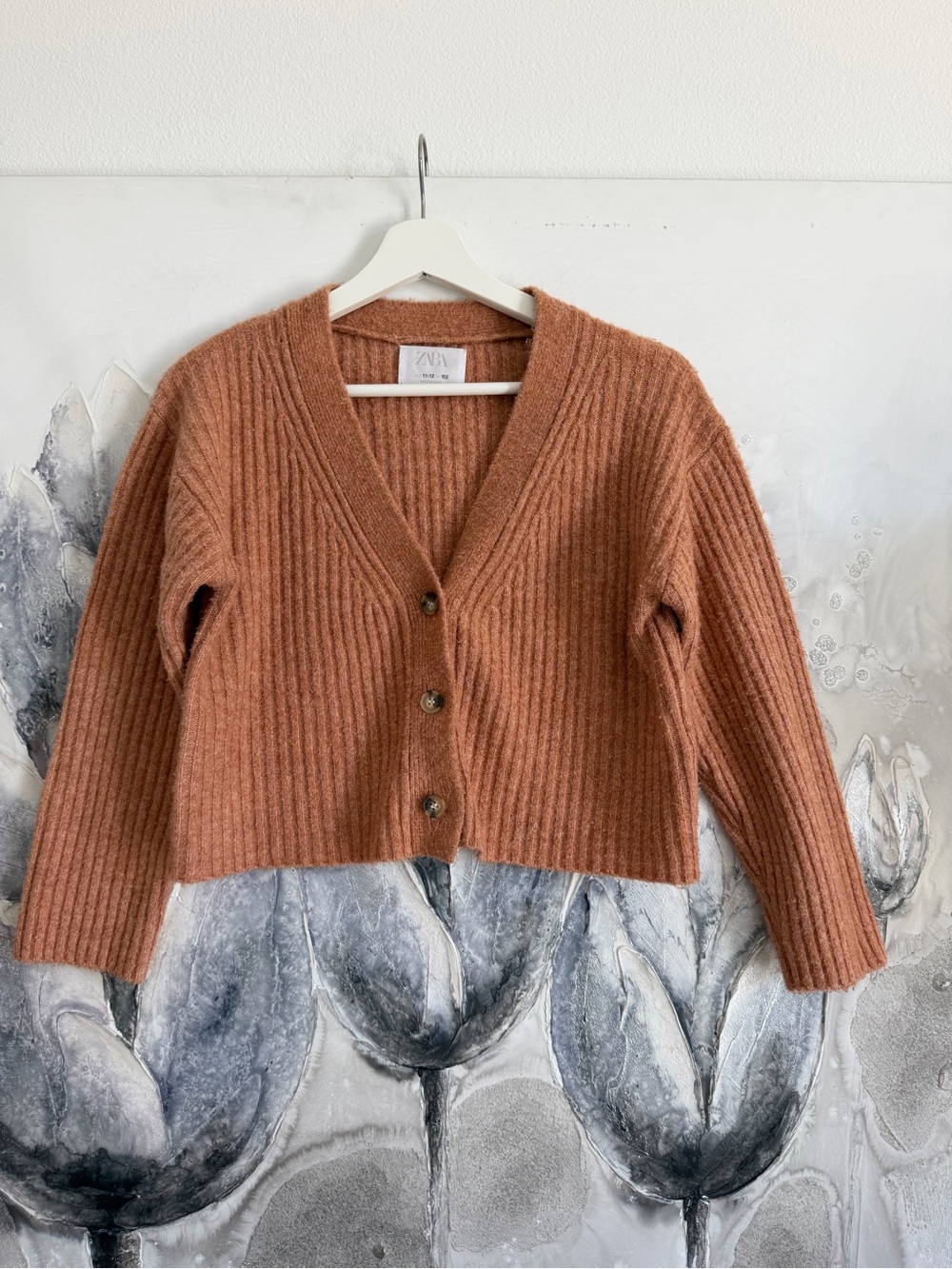 Zara Rust-Orange Ribbed V-Neck Button Cardigan